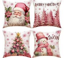ESSECMBS 4 Pack Ziemassvētku spilvenu pārvalki 18 x 18 collu rozā karikatūra Ziemassvētku dīvāna spilvenu pārvalki Dīvāna spilvenu aizsargs Ziemas brīvdienu mājas rotājumi (18x18 collu)