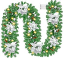 Tiazhan Navidad Ziemassvētku vainags, 2,7 m / 9 pēdas, mākslīgais egļu vainags ar LED gaismām, mākslīgais Ziemassvētku vainags durvju rotājumi kamīniem, kāpnēm, ar apgaismojumu