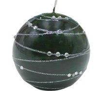 Eleganta lodveida svece, galda svece, dekoratīvā svece, vaska svece ar dārgakmeņu motīvu, dekoratīvā bļodveida svece lodveida formā, 8 cm, sudraba svītra, tumši zaļā krāsā.