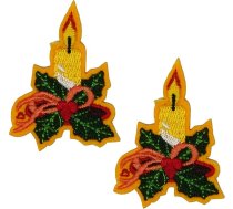 2 x bestickte Weihnachtskerzen-Aufnäher zum Aufbügeln - festliche Feiertags-Applikation mit Stechpalmenblättern und roter Schleife - DIY Dekoration für Kleidung, Handwerk, Strümpfe und Accessoires - 4