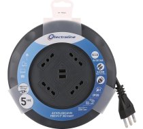 Electraline 49024 UFO Design Super plāns 5m pagarinātājs ar 4 dubultajām ligzdām (10/16A) 16A kontaktdakša ar 2 USB ligzdām 3G1mm² melns