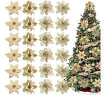Whaline Christmas Poinsettia ar 24 klipiem 4 gabali Dizains Glitter Gold Mākslīgie ziedi Ziemas svinību piederumi Ziemassvētku eglītei Kāzu dzimšanas dienas vainags dekorēšanai