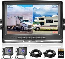 Hikity atpakaļgaitas kameras 2 kameru komplekts, 9 collu LCD monitora platleņķa nakts redzamības IP69 ūdensnecaurlaidīga 1080P aizmugures kamera 32G SD karte kravas automašīnai/piekabei/autobusam/furgonam/lauksaimniecībai ar 33 ft + 33 ft kabeli