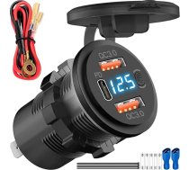 MKBKLLLJY 12 V USB ligzda, 3 portu auto lādētājs, 66 W Dual Quick Charge 3.0 auto savienojums un PD 3.0 USB-C ūdensizturīga ligzda, strāvas slēdzis ar 60 cm kabeļa drošinātāju, kabeļu saites telefonam, autofurgonam
