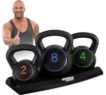 Miweba Sports Kettlebell | hanteļu komplekts - 2 | 4 | 8 kg atsvari - Kettlebell komplekts - Kettlebelles - Fitnesa piederumi, ieskaitot plauktu - Spēka treniņš - Kettlebell - bumbiņas svars - šūpoles hanteles