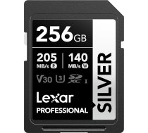 Lexar Silver SD karte 256 GB, UHS-I SDXC karte, 205 MB/s lasīšanas ātrums, 140 MB/s rakstīšanas ātrums, V30, U3, C10, 4K UHD video, SD atmiņas karte ar Lexar Lifetime datu atjaunošanas funkciju