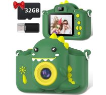 Bērnu kamera, Gofunly Bērnu kamera 1080P 2,0 collu ekrāna kamera ar 32 GB karti Selfie digitālā fotokamera Foto kamera 3-12 gadus veciem zēniem un meitenēm Ziemassvētku rotaļlieta - zaļš dinozaurs