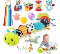 Joyreal Baby Toy 0-6 mēneši, 10 gab. komplekts jaundzimušo sensorajām rotaļlietām, zīdaiņu kāpurķēžu muzikālā rotaļlieta, grabulīši, lentes, rotaļlietas, rotaļlietas vēderam, dāvana 3, 6, 9 mēnešiem