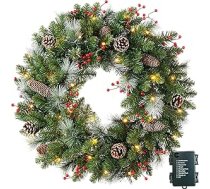 40 cm durvju vainags Ziemassvētki, Ziemassvētku vainags priekšdurvīm ar 30 LED diodēm, Ziemassvētku vainags ar laternu, bumbiņas, ogas un loki, Ziemassvētku durvju vainags, Ziemassvētku dekors
