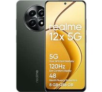 realme 12x 5G viedtālrunis 8+256 GB, 50 MP AI kamera, 5G Dual SIM Dual Standby, TÜV SÜD 48 mēnešu fluorescences aizsardzība, 120 Hz Eye Comfort displejs, 360° NFC, 5000 mAh akumulators, spīdošs melns