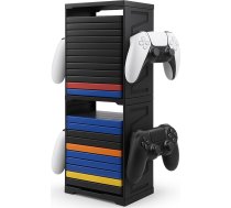 Spēļu glabāšanas tornis PS5, PS4, Xbox Series X/S, Xbox One, Switch un Blu-Ray diskiem - 24 disku organizēšanas statīvs ar kontroliera un austiņu āķi, vertikāls, divlīmeņu, ietaupa vietu