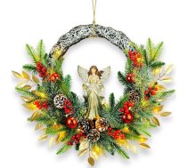 YULETIME 24 collu eņģeļa Ziemassvētku vainags Mākslīgais svētku vainags ar eņģeļa statuju no sveķiem Dabīgais rotangpalmas gredzens un priežu čiekuri Zelta lapas Sarkanās bumbiņas Egļu zari (eņģelis) (bez gaismām)