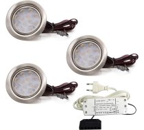 vislux 3 LED mēbeļu lampu komplekts Iebūvējamās prožektoru lampas Nerūsējošais tērauds Matēts plakans 3 W Silti balta 3200 K 200 lm 12 V + 15 W LED transformators 230 V viesistabai, virtuvei un vannas istabai