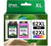 GREENSKY 62XL melnās un krāsainās HP 62 printeru kasetnes 62 XL 62XL HP OfficeJet 250 200 5740 5742 Envy 5540 5548 7640 5640 5640 5646 (1 melnā, 1 krāsaina)