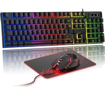 Rewurnth spēļu tastatūras un peles komplekts, QWERTZ DE izkārtojums, RGB izgaismota vadu tastatūra, ergonomiska 4 krāsu LED spēļu pele, liels peles paklājiņš, USB Plug & Play PC PS4 Xbox