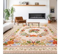 GthreeD Mazgājams dzīvojamās istabas paklājs, 200 x 300 cm, Boho paklājs ar īsu kaudzi, liels guļamistabas, austrumu, vintage, mīksts, neslīdošs dizains guļamistabai, ēdamistabai, virtuvei, ziedu bēšs