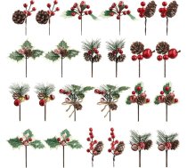 Songjum Pack of 24 Ziemassvētku mākslīgo priežu zari Ziemassvētku ogas ar priežu čiekuriem Āboli Bells Mākslīgo ogu zari Ziemassvētku eglīte vainags Arrangement Home Decoration