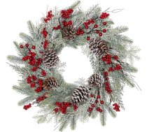 Hollyone 50 cm Ziemassvētku vainags Durvju vainags Ziemassvētku rotājums, priekšējo durvju ziemas vainags ar priežu čiekuriem un sarkanām ogām, sniegains mākslīgais vainags iekštelpām, kamīniem, verandām, sienām, logiem,