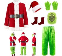 YFMBFV Grinch kostīms pieaugušo, 7 gabali Grinch Santa apģērbs Green Monster Halloween Ziemassvētki Funny Cosplay kostīms rekvizīti sievietēm vīriešiem