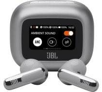 JBL Live Flex 3 bezvadu austiņas ar Bluetooth, 50 stundu akumulatora darbības laiks, True Adaptive Noise Cancelling un augstas izšķirtspējas JBL Signature Sound, IP54 ūdensizturīgas, ar ausu aizbāžņiem, sudraba krāsā
