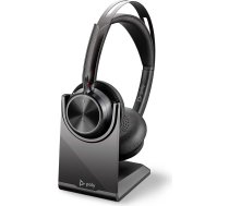 POLY Voyager Focus 2 USB-C austiņas ar uzlādes staciju un USB-C/A adapteri - Bluetooth, ANC, Acoustic Fence tehnoloģija, līdz 25 stundām sarunu laika, melnas krāsas