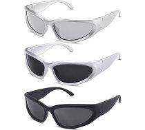 Lassuzie 3 pāri Vintage saulesbrilles vīriešiem sievietēm Y2K futūristiskās saulesbrilles Vieglas apvijums ap UV400 velosipēdu brilles Velosipēdu brilles sporta brilles, melnas