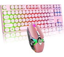 Mehāniska spēļu tastatūras un peles kombinācija ar 87 taustiņiem, 87 taustiņi, retro pankroka rakstāmmašīna, vēss elpojošs, viegls, spēļu pele spēlēm un birojam (rozā)