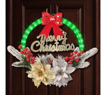 BLOOMWIN Durvju vainags Ziemassvētku āra apgaismojums - 28 cm zaļš vainags, LED gaismas vainags logam, Ziemassvētku durvju vainaga rotājums, Ziemassvētku vainags Ziemassvētku rotājums amerikāņu sezonai iekštelpās