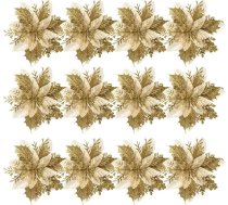Operitacx 12 Poinsettia Ziemassvētku rotājumi Ziemassvētku eglīte Ziedu rotājumi ar klipiem un kātiņiem Mākslīgā Poinsettia Ziemassvētku vainags Puses rotājumi