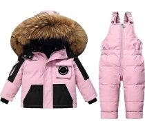 Bērni zēni meitenes silts sniega tērps ar kapuci leju mēteli jaka un dungarees sniega bikses 2-piece apģērbu komplekts bērnu gudrs vēja necaurlaidīgs ūdensnecaurlaidīgs slēpošanas kostīms slēpošanas apģērbs