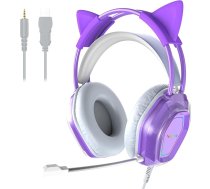 Wantak Cat Ear austiņas ar mikrofonu - kabelis (3,5 mm / USB) - spēļu austiņas datoram/PS5/Xbox - trokšņu slāpēšana, HiFi skaņa, 20-20 000 Hz - vieglas un ērtas sievietēm/meitenēm (violetas)