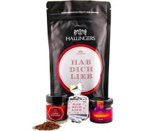 Hallingers Hab Dich lieb - Valentīna dienas brīnumu maisiņa dāvanu komplekts Nougat Busserl, Roibuschtee un zemeņu ievārījums mīlestībai (soma) - Mātes dienas dāvana un dāvanu idejas Tēva dienai | Apsveicam