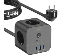 70 W USB-C lādētājs, 7-in-1 Cube Power Strip ar slēdzi, 3 m ligzda ar USB Quick Charge, saderīgs ar MacBook, portatīvo datoru, iPad Pro, iPhone 15, Galaxy S23