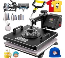 VEVOR Heat Press 8 in 1 siltuma prese tekstila siltuma presei Tekstila prese ar 38 x 38 cm plākšņu presi Tekstila drukāšanas prese ar 1000 W, piemērota cepurēm, cepurēm, T-krekliem, kausiņiem, melnā krāsā