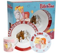 United Labels Bibi & Tina 3 gab. trauku komplekts bērniem, sarkani zils, porcelāna brokastu komplekts ar šķīvja diametru 19 cm, tasi 220 ml un bļodu 330 ml, bērnu trauki