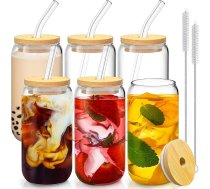 6 tumbleru komplekts ar bambusa vāku un stikla salmiņu - 16 oz kannas formas stikla krūzes, alus glāzes, ledus kafijas glāzes, simpātiski tumbleri, ideāli piemēroti sodas, boba, kokteiļu pagatavošanai, komplektā 2 tīrīšanas birstes.
