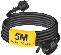Āra pagarinātājs 5 m ar aizsargvāciņu H07RN-F 3G 2,5 mm², gumijas strāvas kabeļa pagarinātājs ar Schuko kontaktdakšu izmantošanai ārpus telpām IP44, elektriskais kabelis ārā, 3500 W, 16 A 250 V, melns