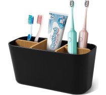Plastmasas zobu birstes turētājs ar bambusa sadalītāju, zobu birstes statīvs ar 4 nodalījumiem zobu birstei + 1 nodalījums zobu pastai, elektriskais zobu birstes organizators vannas istabai, birojam, ģimenei, melns