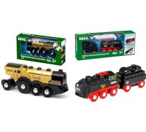 BRIO World 33630 Zelta akumulatora lokomotīve ar gaismu un skaņu, ar atvienošanas funkciju, izmantojama kā bīdāmā slēdzene, ieteicams no 3 gadiem & World 33884 Akumulatora tvaika lokomotīve ar ūdens tvertni