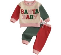 Bērnu zēni Ziemassvētku apģērbs Santa Baby izšuvumi krāsu bloka sporta uzvalks garām piedurknēm izšūti burti sporta kreklu + elastīgās bikses 2 gab Santa bērnu apģērbu komplekts