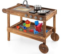 COSTWAY Mud Kitchen Bērnu āra virtuve, pārvietojamā spēļu virtuve no egles koka ar riteņiem un krānu, bērnu virtuve ar pannu un katlu, āra virtuves dārza virtuve bērniem no 3 gadiem