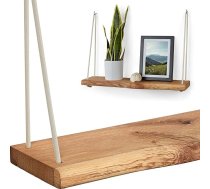 Villanord® Sienas plaukts no vācu ozola - rustikāls ar malu (70 cm) - Masīvkoka piekaramais plaukts - ar virvi un āķīšiem - koksne