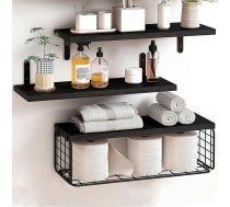 MUNGHOK 3 40 cm sienu plauktu komplekts Melns koka peldošais plaukts ar stiepļu grozu plauktu Sienas koka sienas plaukts Spice Rack piekaramais plaukts vannas istabai, guļamistabai, viesistabai, virtuvei