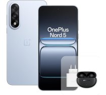 OnePlus Nord 5 viedtālrunis, 12 GB RAM, 512 GB atmiņa, 6,83 collu, 144 Hz AMOLED, Snapdragon 8s Gen 3, 5200 mAh akumulators, ar 80 W lādētāju un Nord Buds 3 Pro, zils