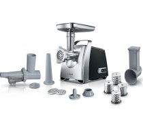 Bosch MFW68660 Gaļas malšanas mašīna desu griešanai, rīvētājs ar 4 rīvēm, 3 nerūsējošā tērauda perforēti diski (3, 4,8, 8 mm), 2200 W bloķēšanas jauda, 880 W, sudraba krāsā