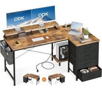 L formas rakstāmgalds, 140 x 80 x 84,7 cm, stūra rakstāmgalds ar 4 atvilktnēm un monitora plauktu, L formas galds ar 2 USB uzlādes ligzdām un 2 rozetēm mājas birojam, brūns