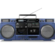 MEDION P66538 Retro Ghetto Blaster ar CD atskaņotāju, 80. gadi, liels, USB, SD, CD, kasetes MC, DAB+ radio teleskopiskā antena, Bluetooth, kasešu dekors, ierakstīšanas funkcija, darbojas ar akumulatoru)