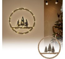 ECD Germany LED džutas vainags 37 cm diametrs ar 50 silti baltām LED diodēm, dekoratīvs Ziemassvētku vainags ar 3 eglēm, džutas maisiņā, ar akumulatoru un taimeri, piekaramais vainags no virves, gaismas vainags, durvīm