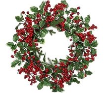 Hollyone 45 cm Ziemassvētku vainags Durvju vainags Ziemassvētku rotājums, mākslīgais vainags ar sarkanām ogām un Holly lapām, ziemas vainags ārtelpām, logiem, mājām, svētku rotājumiem