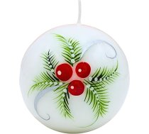 Eleganta lodveida svece, galda svece, dekoratīvā svece, dekoratīvā svece, vaska svece ar Ziemassvētku motīvu, Ziemassvētku svece kā 10 cm bumba ar egļu zariem un ogām, baltā, sarkanā un zaļā krāsā.